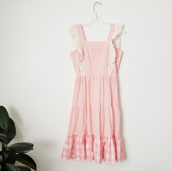 70s Vintage Pink Lace Gingham Boho Prairie Dress - Picture 8 of 8